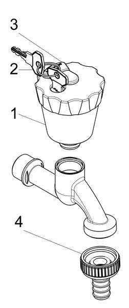 Technische Zeichnung eines abschließbaren Auslaufhahns mit Griff (1), Schlüsseln (2), Schließzylinder (3) und Schlauchanschluss (4).