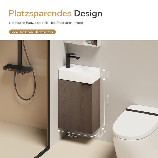 Kompakter Waschbeckenunterschrank mit Waschbecken in einem kleinen Badezimmer mit Maßangaben für platzsparende Badezimmereinrichtung.