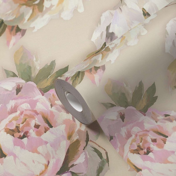 Tapetenrolle mit floralem Motiv in Aquarelloptik mit Pfingstrosen auf Vlies