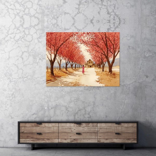 Wandbild mit Motiv einer von Bäumen gesäumten Allee an einer Betonwand über einer Kommode aus Holz