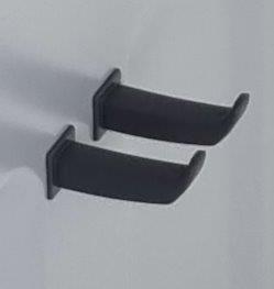 Zwei schwarze Wandhaken aus Metall mit quadratischer Basis für das Badezimmer oder die Küche.