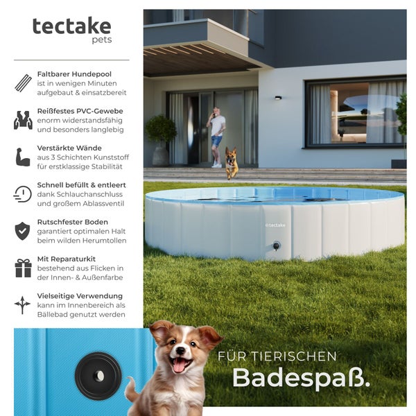 tectake pets Logo. Faltbarer Hundepool im Garten, aus reißfestem PVC-Gewebe mit verstärkten Wänden und rutschfestem Boden.