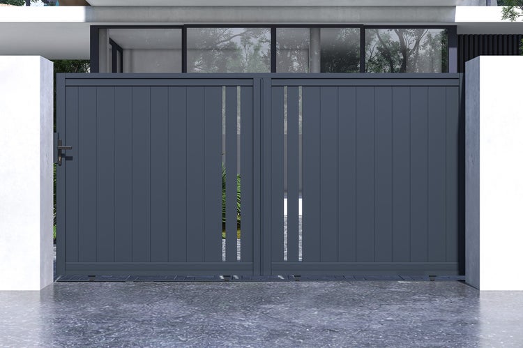 Schiebetor 3,5m GIONA H.180 graues Aluminium + 2 Pfosten 20x20cm H.190cm
