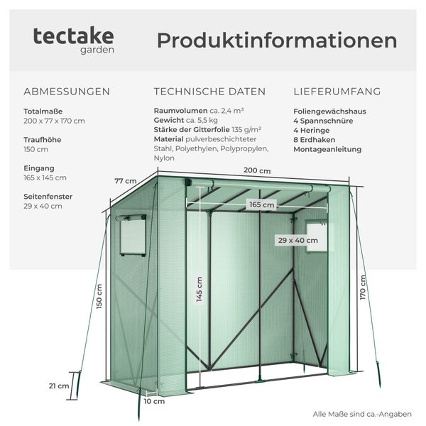 Produktinformationen für ein Tectake Foliengewächshaus, Maße 200 x 77 x 170 Zentimeter, mit technischen Daten und Lieferumfang.