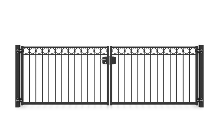 Gartentor ZAUNGURU BASIC-Line Oldenburg Kreis aus Metall, Höhe: 123cm, Breite: 388cm, 2-flügelig inkl. Pfosten, Schloss und Zubehör, Feuerverzinkt und zusätzlich in RAL 7016 Anthrazitgrau pulverbeschichtet