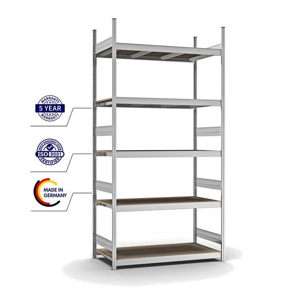 PROREGAL Weitspannregal Stecksystem T-Profil Grundregal HxBxT 300x150x60 cm 5 Ebenen Spanplatten Fachboden Fachlast 350 kg Verzinkt