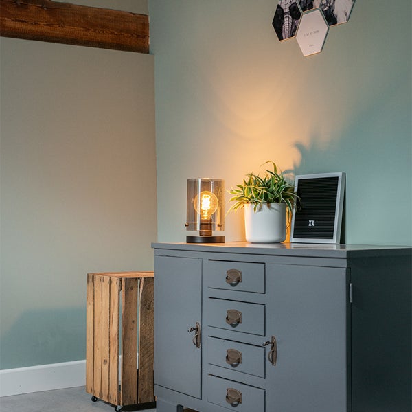 Moderne Raumgestaltung mit grauem Sideboard, dekorativer Glas-Tischleuchte, Zimmerpflanze im weißen Topf und einer Holzkiste auf Rollen.