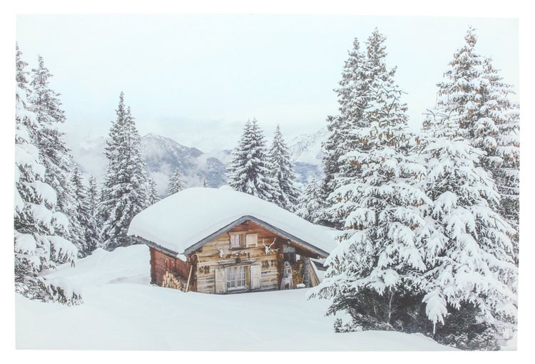 Winterlandschaft mit verschneiter Holzhütte und Tannenbäumen