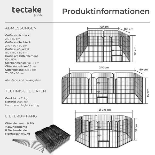 Produktinformationen zum Tectake Pets Hundeauslauf mit Maßen und Lieferumfang