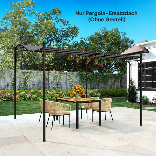 Pergola-Ersatzdach aus wetterfestem Textil auf einer Terrasse mit Gartentisch, Stühlen und einem Pergola-Metallgestell.