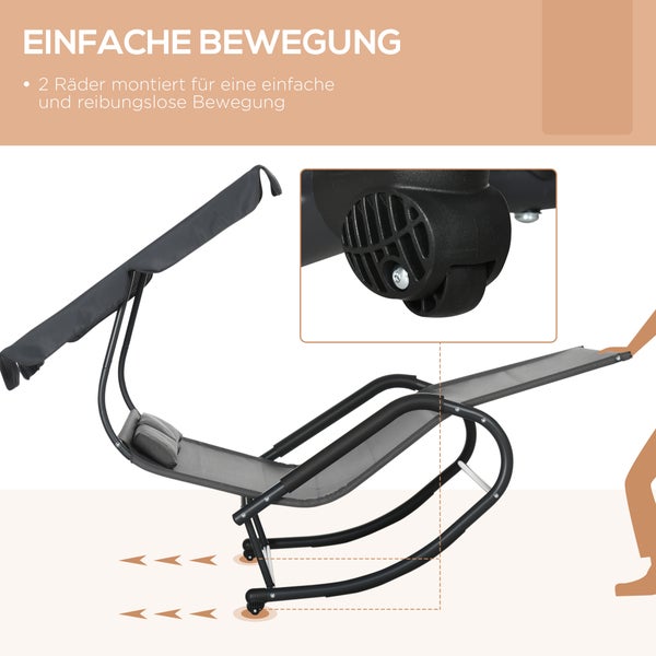 Garten-Schaukelliege mit Sonnendach, Kissen und zwei Rädern für einfachen Transport.