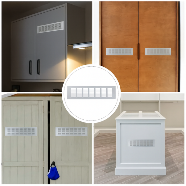 Bild zeigt einen Kollage mit rechteckigen Lüftungsgittern in verschiedenen Einbausituationen.