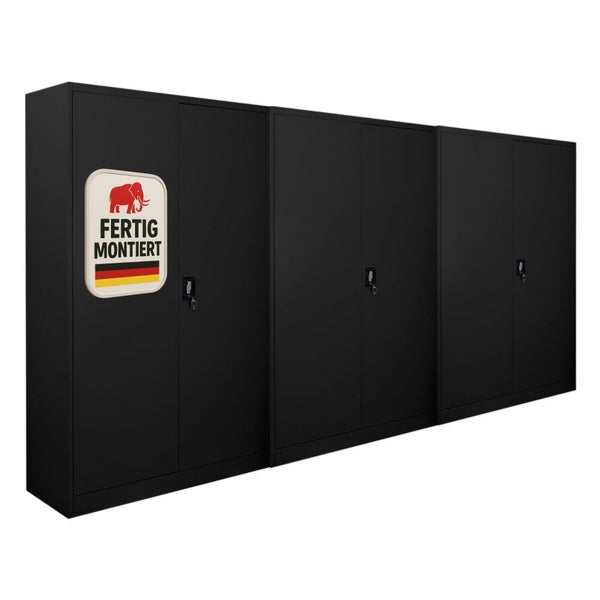 Drei schwarze Metall-Hochschränke mit Doppeltüren, abschließbar, bereits fertig montiert.