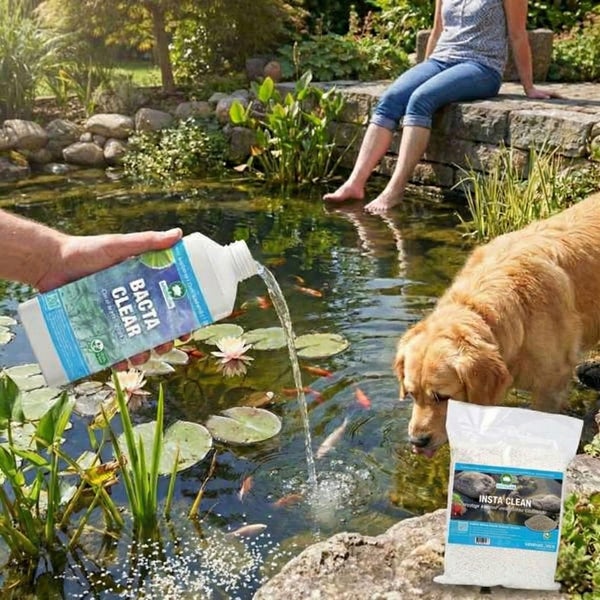 Anwendung von Bacta Clear und Insta Clean Teichpflege in einem hellen Gartenteich mit Fischen, Seerosen, einem Hund und einer sitzenden Person.