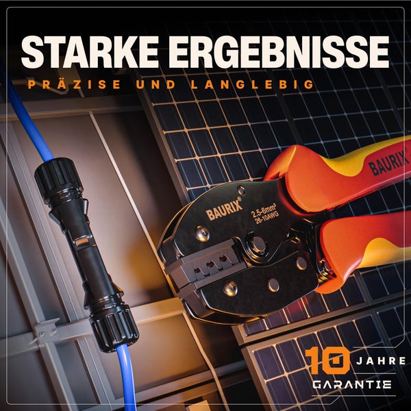 BAURIX® MC4 Crimpzange [2,5-6mm²] I Solar Crimpzange für MC4 PV Kabel, Solarstecker MC4 Verbinder, Solar Kabel, PV Solar Stecker, Y Stecker I MC4 Werkzeug, Crimpzangen, MC4 Zange
