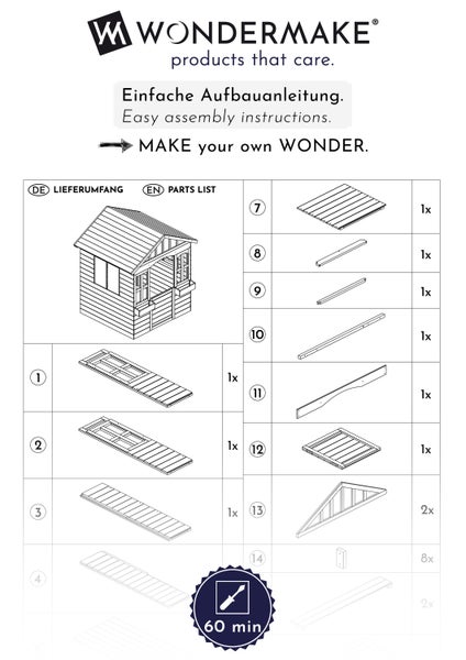 Wondermake Logo. Lieferumfang und Montagezeit für ein Spielhaus aus Holz. Übersicht der nummerierten Einzelteile und 60 Minuten Aufbauzeit.