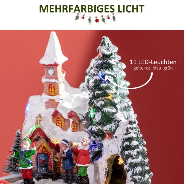 HOMCOM Weihnachtsdorf Weihnachtsstadt mit LED-Leuchtung, 1 Kirche, 5 Weihnachtsbäume, 1 Platz, 2 Musiker, 1 Kommandant und 1 beweglicher Zug Winterlandschaft für Weihnachten