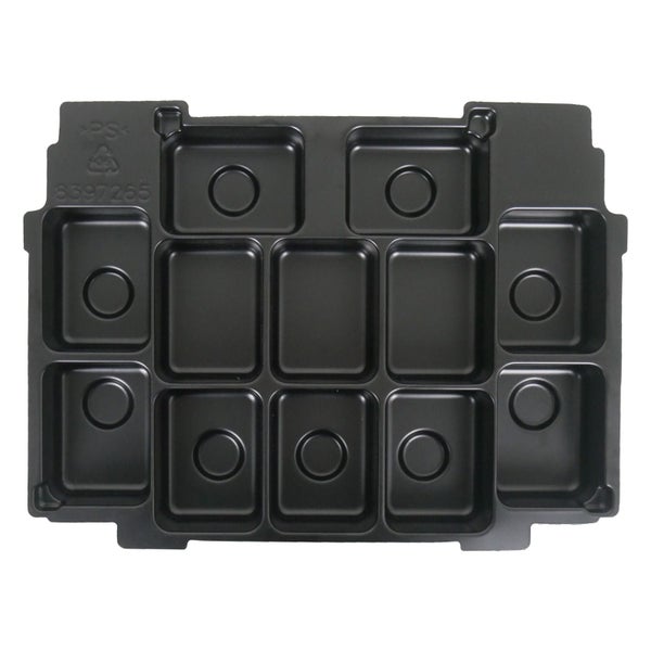 Schwarzer Sortiereinsatz aus Kunststoff mit mehreren rechteckigen Fächern für Kleinteile.