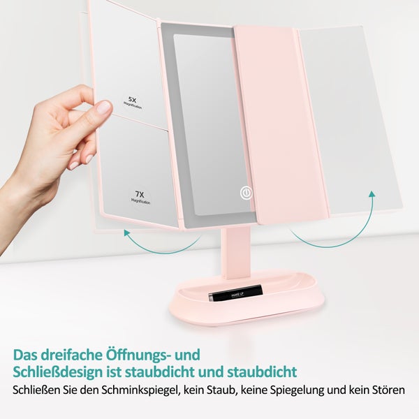 EMKE Kosmetikspiegel mit LED Beleuchtung 315 x 180 x 233 mm, Dimmbar, Touch-Schalter, 5x/7x Vergrößerung, Dreifach Faltbar & Drehbar, Tragbarer, USB/Batterie, Rosa