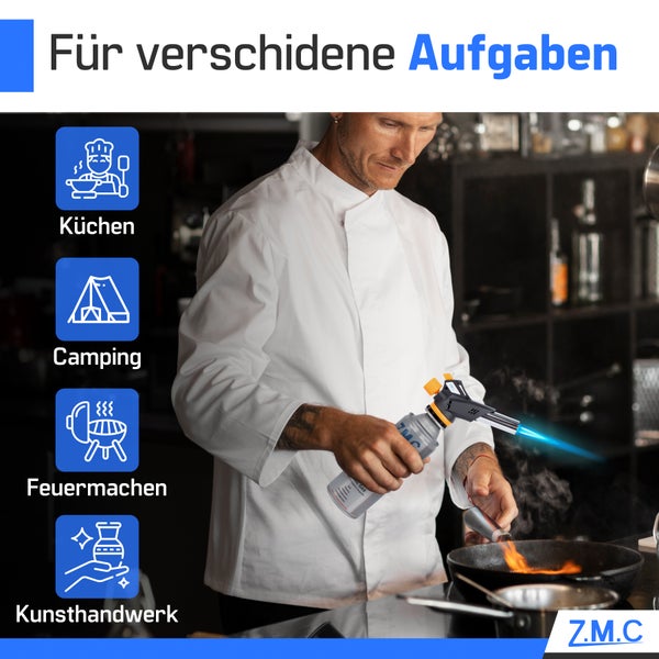 ZMC Gasbrenner 1,3kW mit 4 Gaskartuschen 227g, Flambierbrenner bis 1300°C, Küchenbrenner & Bunsenbrenner, Lötbrenner & Schweißbrenner mit einstellbarer Flamme, ideal für Küche & Handwerk