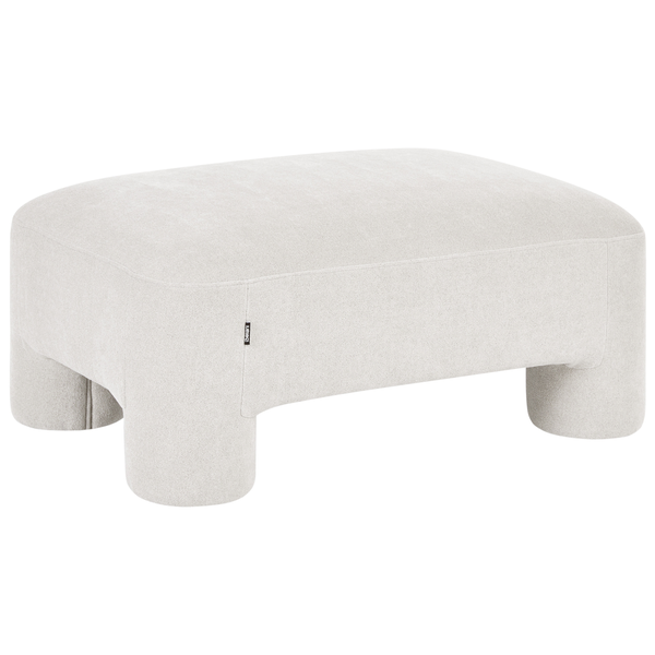 Moderner Polsterhocker mit strukturiertem Stoffbezug, rechteckiger Form und dicken zylindrischen Beinen.