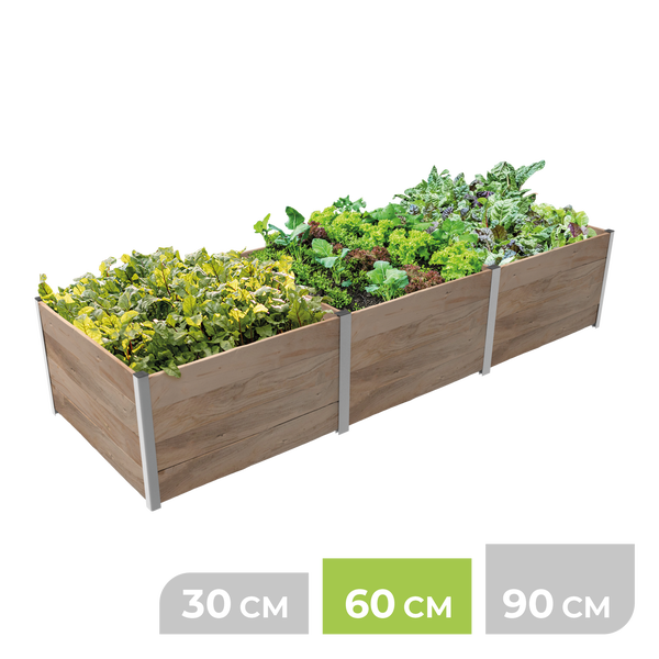 Hochbeet aus Holz mit Metallelementen, bepflanzt mit verschiedenen Salaten und Kräutern, Höhe 60 Zentimeter.