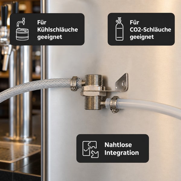 Metallanschlussstück für Schläuche an einer Schankanlage mit Symbolen für Kühl- und Kohlendioxid-Schläuche und Hinweis zur nahtlosen Integration.