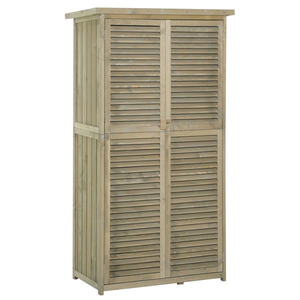 Outsunny Gartenschrank Holz Geräteschuppen Gerätehaus mit Asphaltdach Lamellentür Geräteschrank Schuppen Garten 4 Fächer Grau 87 x 46,5 x 160 cm