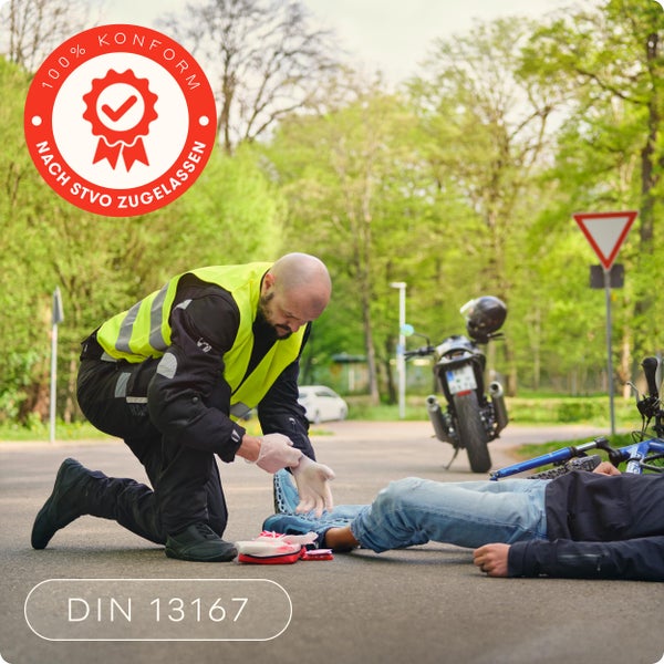PURAHELP Motorrad Verbandskasten nach aktueller Norm 2024 DIN 13167 (StVO konform) - Inkl. Warnweste & Beatmungstuch - Motorrad Erste Hilfe Set 2024 Mini Klein