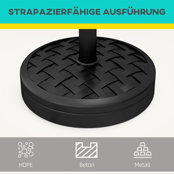 Runder Sonnenschirmständer in strapazierfähiger Ausführung aus hochdichtem Polyethylen, Beton und Metall mit Flechtoptik.