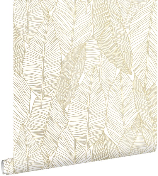 ESTAhome Tapete gezeichnete Blätter Weiß und Gold - 53 cm x 10.05 m - 139125