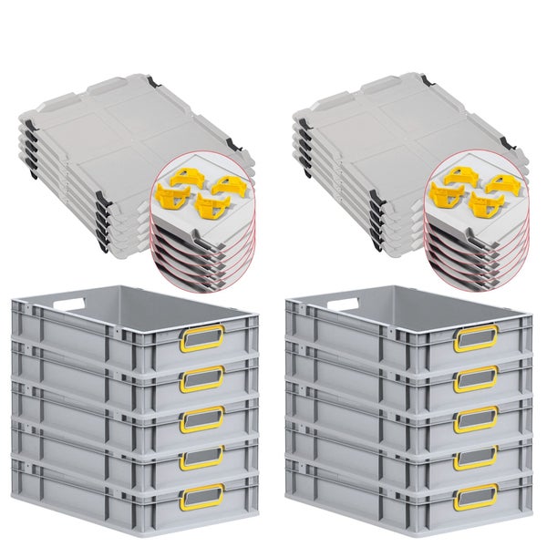PROREGAL Spar Set 10x Eurobox Nextgen Color Mit Auflagedeckel & Schiebeschnappverschlüsse HxBxT 12 x 40 x 60 cm Griffe Gelb Offen Glatter Boden