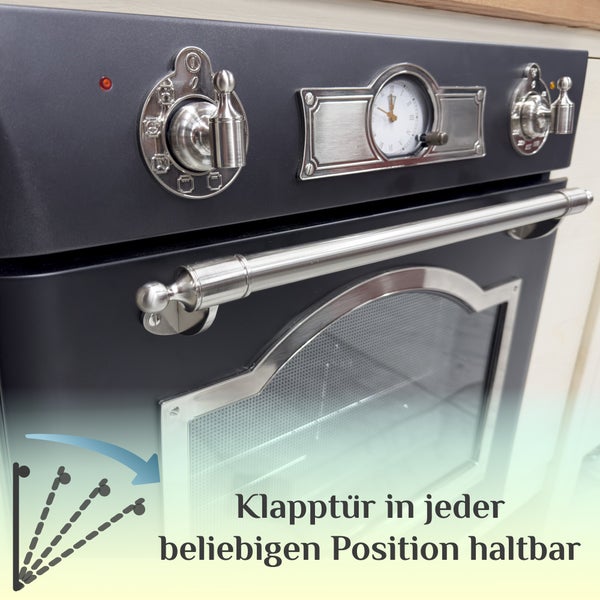 Einbaubackofen im Landhausstil mit Klapptür die in jeder Position anhält, ausgestattet mit analogen Drehknöpfen und einer integrierten Uhr.