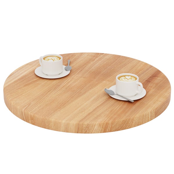 Runde Tischplatte aus Massivholz mit zwei Kaffeetassen auf Untertassen.