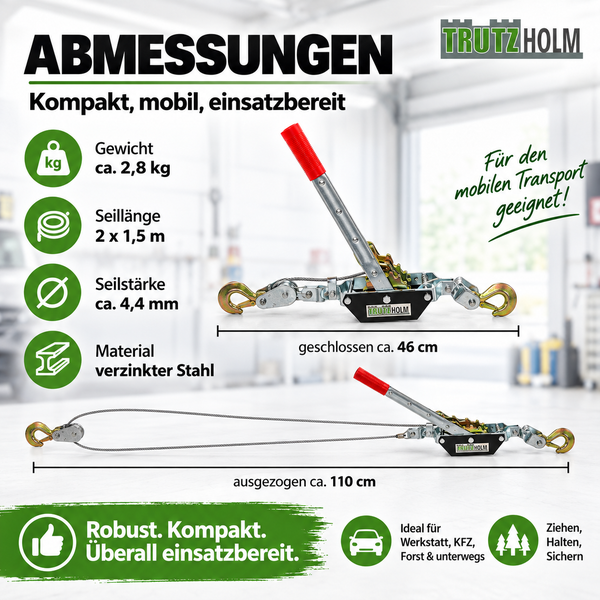 Trutzholm Seilzug mit technischen Daten, 2,8 Kilogramm Gewicht, 1,5 Meter Seillänge, 4,4 Millimeter Seilstärke und verzinktem Stahl.