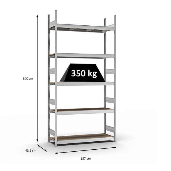 PROREGAL Weitspannregal Stecksystem T-Profil Grundregal HxBxT 300x150x40 cm 5 Ebenen Spanplatten Fachboden Fachlast 350 kg Verzinkt