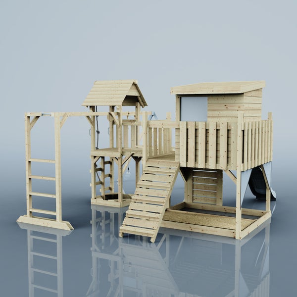 Spielanlage aus Holz mit Rutsche, Leiter und Klettergerüst