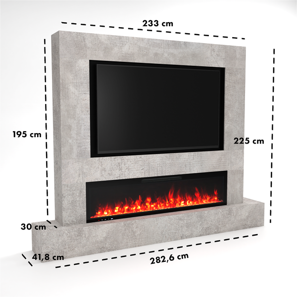 Glow Fire Fernsehwand mit Kamin 'Inside 182'| Cinewall mit Elektrokamin in beton mit Heizung (1500 W) | HxBxT: 225x282,6x41,8 cm