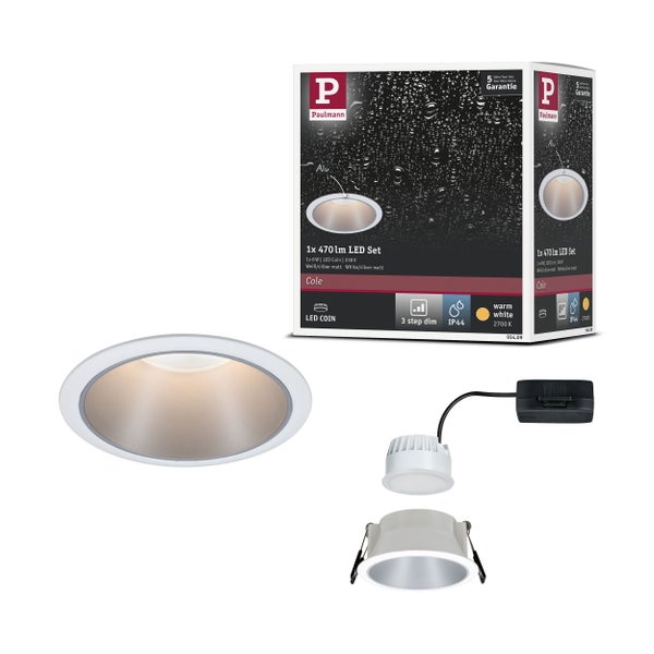 LED Einbauleuchte 3-Step-Dim Cole Coin 1er-Set IP44 rund 88mm Coin 6W 470lm 230V dimmbar 2700K Weiß, Silber matt