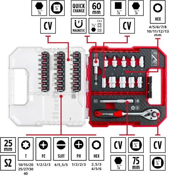 Einhell L-CASE 37-tlg. Bit- und Ratschen-Set (25-mm-Bits, Ratsche, Schnellwechselbithalter, Steckschlüssel, Adapter, Stecknussverlängerung inkl. Aufbewahrungsbox)