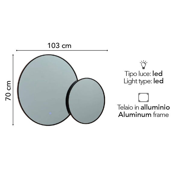 Wandspiegel-Set mit zwei runden LED-Spiegeln, Aluminiumrahmen, Breite 103 Zentimeter, Höhe 70 Zentimeter.