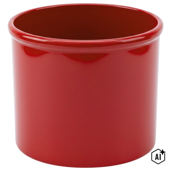 Roter zylindrischer Übertopf mit glänzender Oberfläche.