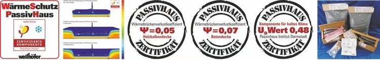 Wellhöfer Passivhaus-Zertifikate, technische Diagramme zur Wärmedämmung von Bodentreppen und Komponenten des Anschluss-Systems inklusive Dämmmaterial.
