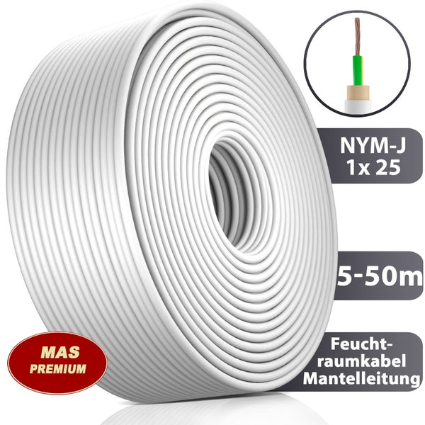 NYM-J 1 mal 25 Quadratmillimeter Mantelleitung für Feuchträume auf Rolle mit Detailansicht der Ader und MAS PREMIUM Logo.