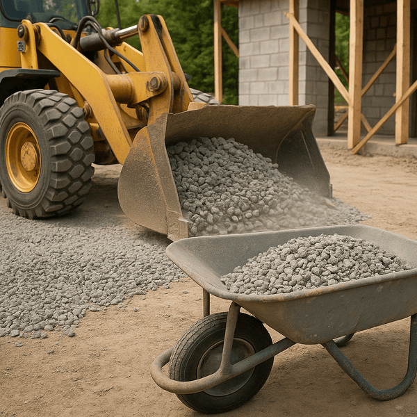 Baustellenszene mit Radladerschaufel und Schubkarre voller Kies vor einem Gebäude im Rohbau.