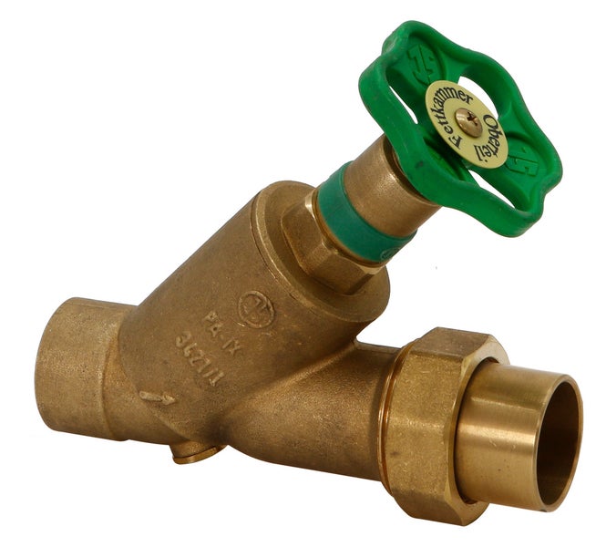 Schrägsitzventil aus Messing mit Handrad und Verschraubung für die Wasserinstallation.