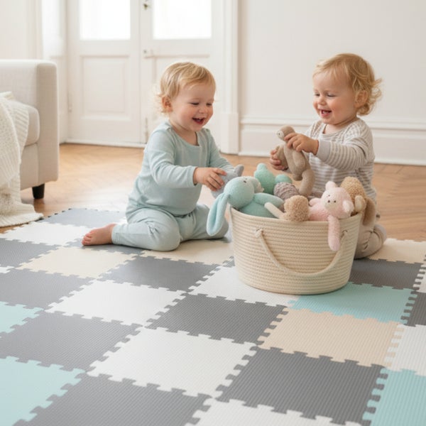 Zwei Kleinkinder spielen mit Stofftieren auf einer Puzzle-Spielmatte aus Schaumstoff in einem hellen Zimmer mit Holzboden.