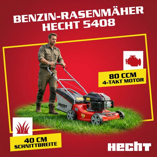 Benzin-Rasenmäher Hecht 5408 mit 80 Kubikzentimeter 4-Takt-Motor und 40 Zentimeter Schnittbreite, ein Mann mäht den Rasen, Hecht Logo.