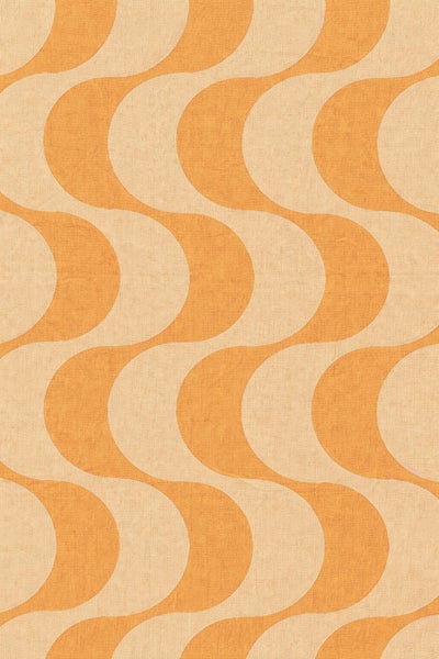 Vliestapete mit grafischem Retro-Muster, wellenförmige Halbkreise im Stil der siebziger Jahre, strukturierte Oberfläche.