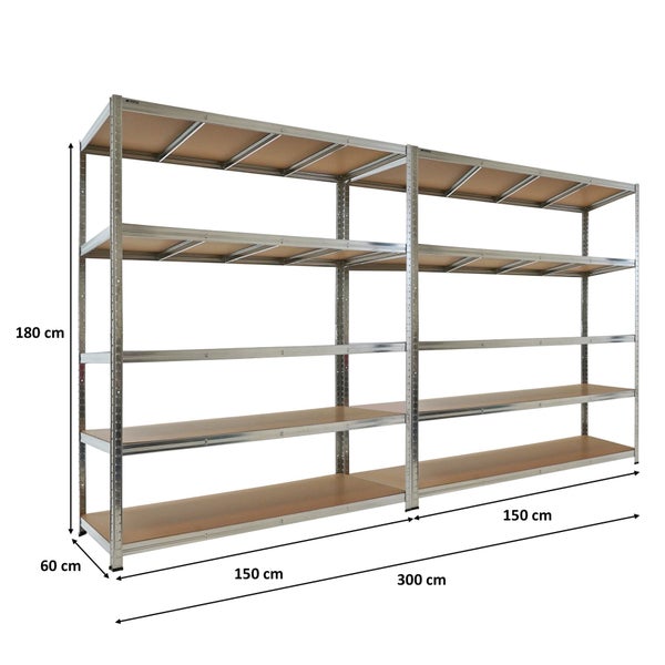 Schwerlastregal aus Metall mit fünf Holzböden, 180 Zentimeter hoch, 300 Zentimeter breit und 60 Zentimeter tief.
